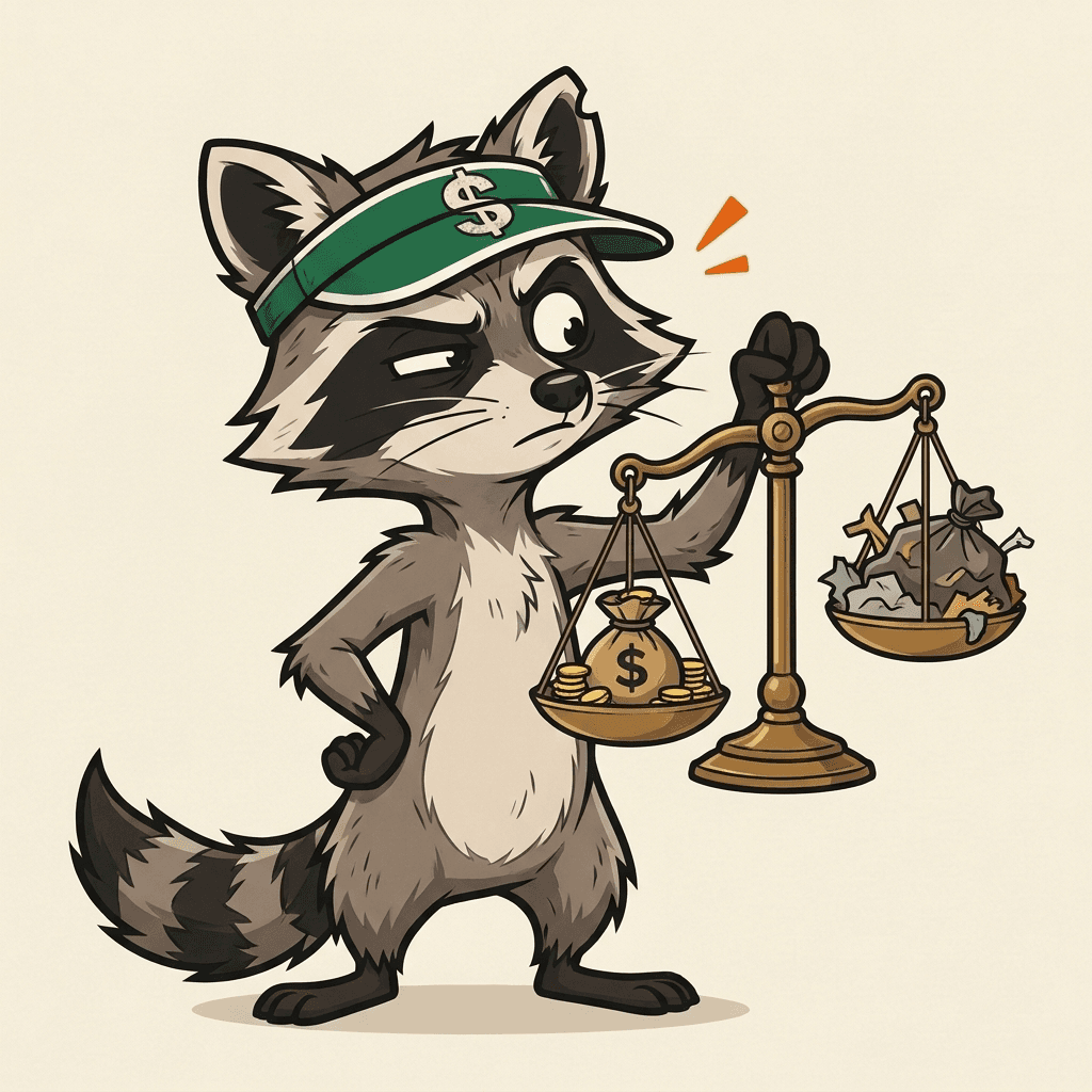 Roon holding a scale with money on one side and trash on the other