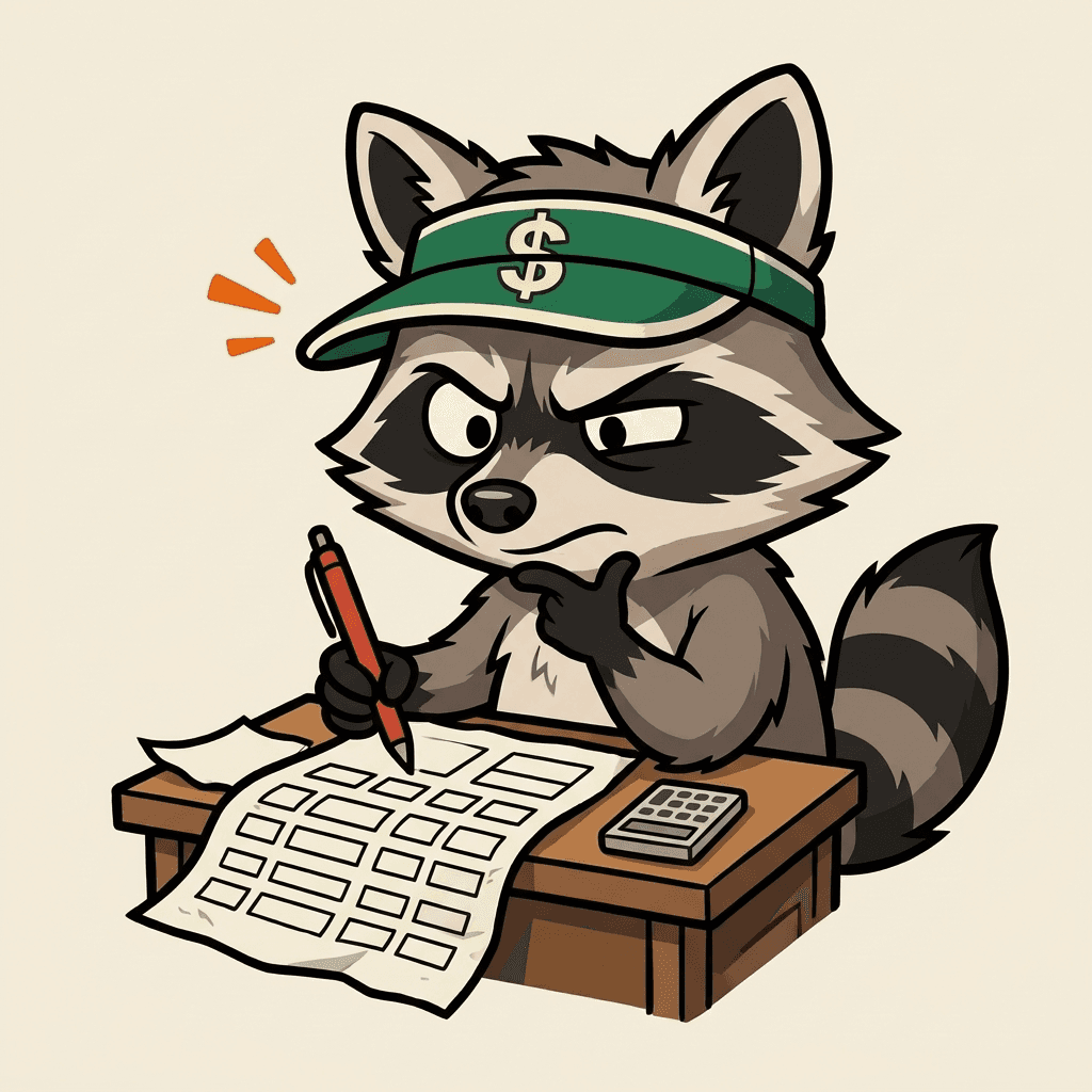 Roon squinting at a spreadsheet with a red pen